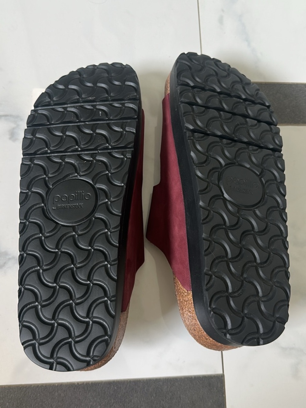 Birkenstock platform Burgundy Two-Strap Sandals with Gold Buckles - Picture 4 of 4